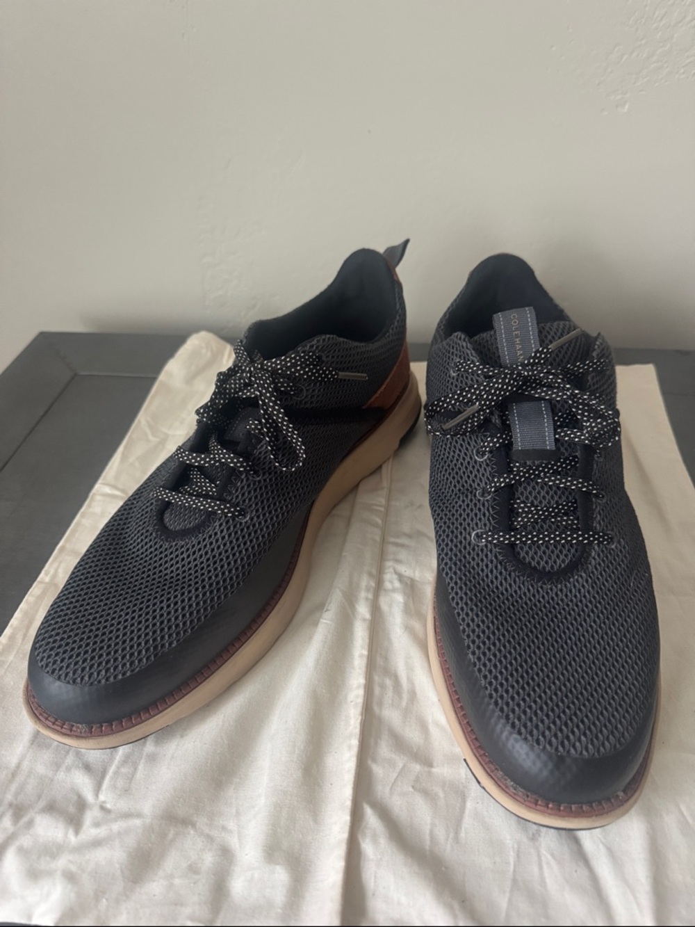 Men's Black Mesh Lace-Up Sneakers with Contrasting Tan Sole